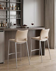 Set of Two 29" Light Pink And Silver Faux Leather And Steel Low Back Bar Height Bar Chairs