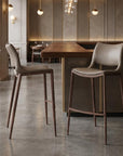Set of Two 29" Gray And Brown Faux Leather And Steel Low Back Bar Height Bar Chairs