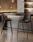 Set of Two 29" Black And Brown Faux Leather And Steel Low Back Bar Height Bar Chairs
