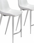 Set of Two 26" White And Silver Faux Leather And Steel Low Back Counter Height Bar Chairs