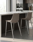 Set of Two 26" Gray And Silver Faux Leather And Steel Low Back Counter Height Bar Chairs
