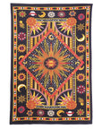 80" X 56" Black Red And Yellow Cotton Star and Sunburst Hanging Tapestry