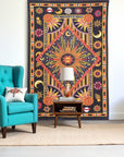 80" X 56" Black Red And Yellow Cotton Star and Sunburst Hanging Tapestry