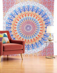 92" X 84" Orange Blue And Yellow Mandala Cotton Hanging Tapestry