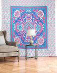 88" X 84" Blue Red And White Floral Cotton Hanging Tapestry