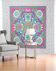 88" X 84" Pink Green And White Floral Cotton Hanging Tapestry
