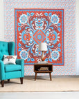 88" X 84" Red Blue And White Floral Cotton Hanging Tapestry