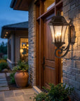 Black And Clear Three Light Hammered Dimmable Outdoor Hanging Lights With Black And Clear Shades