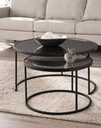 Set of Two Black And Silver Mirrored Round Nested Coffee Table Set