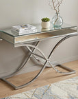 42" Silver Mirrored Glass and Metal Cross Leg Console Table