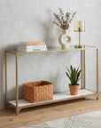 56" Clear and Gold Glass Mirrored Frame Console Table With Shelves