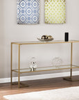 52" Clear and Gold Mirrored Glass and Metal Sled Console Table With Shelf