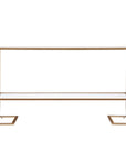 52" Clear and Gold Mirrored Glass and Metal Sled Console Table With Shelf