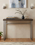 46" Gray Brown and Silver Wood and Metal Distressed Sled Console Table