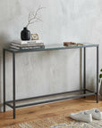 56" Silver and Gunmetal Mirrored Glass and Metal Console Table