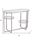 42" Silver Mirrored Glass and Iron Oval Cross Leg Console Table With Two Shelves