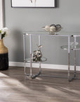 42" Silver Mirrored Glass and Iron Oval Cross Leg Console Table With Two Shelves