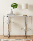 42" Silver Mirrored Glass and Iron Oval Cross Leg Console Table With Two Shelves
