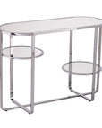 42" Silver Mirrored Glass and Iron Oval Cross Leg Console Table With Two Shelves
