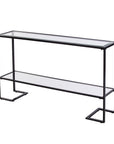 52" Clear and Black Glass Mirrored Sled Console Table With Shelves