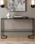 52" Clear and Black Glass Mirrored Sled Console Table With Shelves