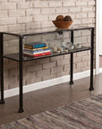 43" Clear and Black Glass Distressed Console Table With Storage