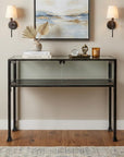 43" Clear and Black Glass Distressed Console Table With Storage