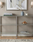 49" Clear and Silver Glass Distressed Frame Console Table With Shelves