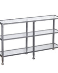 49" Clear and Silver Glass Distressed Frame Console Table With Shelves