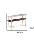 47" White Brass and Brown Faux Marble Console Table With Shelf