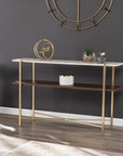 47" White Brass and Brown Faux Marble Console Table With Shelf