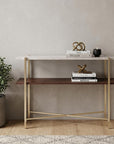 47" White Brass and Brown Faux Marble Console Table With Shelf
