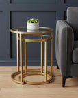 Set Of Two 23" Gold Glass And Steel Round Nested Tables