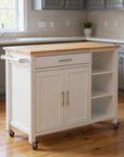 42" Natural and White Butcher Block and Iron Rolling Kitchen Cart With Storage