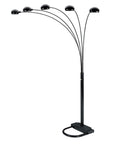 84" Black Five Light Arc Floor Lamp With Black Dome Shade