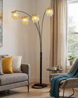 84" Black Four Light Arc Floor Lamp With Clear Crystal Glass Chandelier Shade
