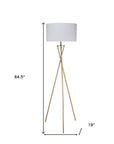 65" Gold And White Tripod Floor Lamp With White Fabric Drum Shade
