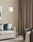 86" White And Silver Arc Floor Lamp With White Drum Shade