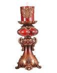 16" Tall Red and Brown Faux Marble Candle Holder with Candle