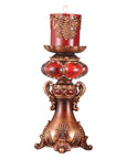 16" Tall Red and Brown Faux Marble Candle Holder with Candle