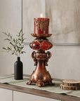 16" Tall Red and Brown Faux Marble Candle Holder with Candle