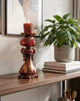 20" Bronze Brown And Red Floral Polyresin Tabletop Pillar Candle Holder With Candle
