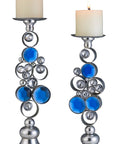 Set Of Two Silver and Blue Bling Tabletop Pillar Candle Holders