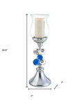 21" Silver and Blue Faux Crystal Bling Hurricane Candle Holder