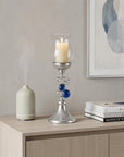 21" Silver and Blue Faux Crystal Bling Hurricane Candle Holder