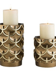 Set Of Two Antiqued Brass Tabletop Pillar Candle Holders
