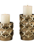 Set Of Two Antiqued Brass Tabletop Pillar Candle Holders