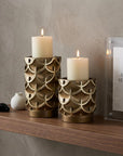 Set Of Two Antiqued Brass Tabletop Pillar Candle Holders