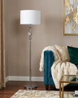 63" Chrome and Crystal Orb Shaped Floor Lamp With White Drum Shade