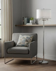 63" Silver Three Light Candelabra Floor Lamp With White Fabric Drum Shade